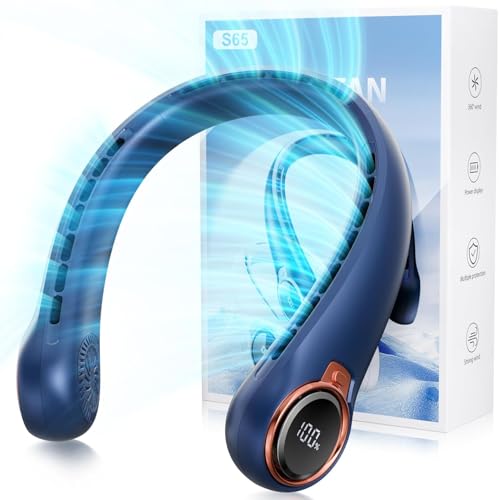 Image of Portable Neck Fan with 6000mAh USB - Rechargeable Battery, 360 Cooling Wearable Fan, 3 Speeds, Ultra-Light Bladeless Neck Fan LED Display (Blue)