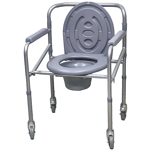Image of Veayva Height Adjustable Commode Chair With Wheels With Removable Bucket And Locable Wheels- Ideal For Elderly And Disabled Can Roll Over Commode, Grey