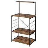 eSituro Küchenregal, Mikrowellenregal mit 4 Ablagen & 4 Haken, Bäckerregal aus Metall & Holz, Aufbewahrungsregal für Küche Café Wohnzimmer Badezimmer, 60 x 40 x 123 cm, Vintage-Holzoptik + Schwarz