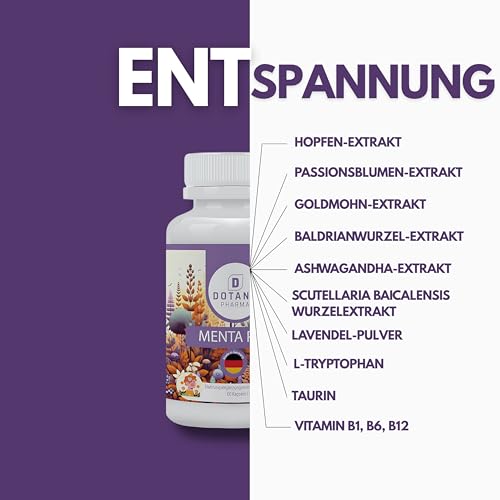 Dotana Menta Pro Schlaf-Supplement – 60 Kapseln mit Baldrianwurzel, Lavendel, Passionsblume, Taurin, L-Tryptophan & Vitamin B – Natürlich für Guten Schlaf & Entspannung – 100% Vegan