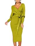 CHERFLY Women's V Neck Sweater Dresses Batwing Long Sleeve Backless Bodycon Long Dress with Belt(Autumn Yellow,S)
