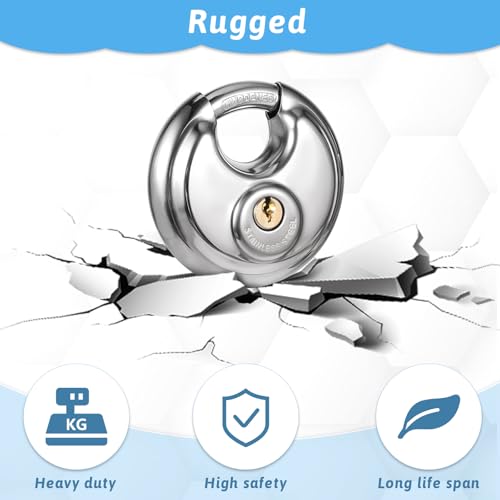 Image of 5 Pack Discus Padlocks Keyed Stainless Steel Heavy Duty Locks 2-3 /4 inch Wide Round Lock Waterproof Outdoors Storage Lock with Brass Keys for Storage Unit Gate Hasp Latch Outdoor Fence