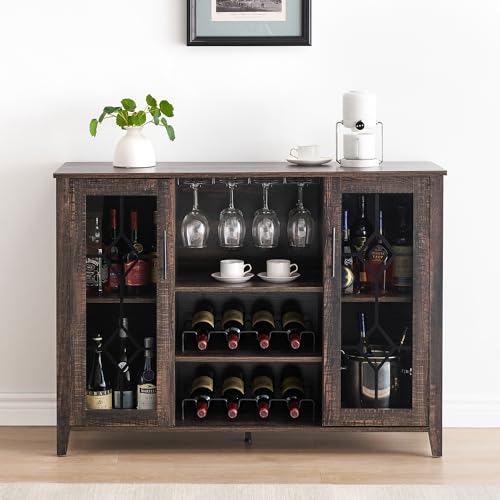 Image of Farmhouse Wine Bar Cabinet with LED Light, Wood Storage Cabinet with Glass Doors, Adjustable Shelves, Wine & Coffee Station for Dining Room, Living Room, Home Bar,Oak