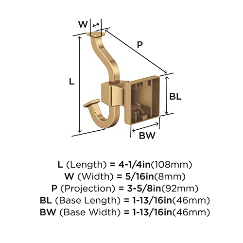 Image of Amerock Mulholland Double Prong Champagne Bronze Wall-Mounted Hook | Decorative wall hook in durable zinc construction for coats, hats, bags, towels, and everyday organization