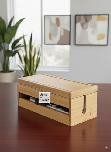 Image of Wooden Cable Management Box - Cord Organizer for Desk, Power Strip & Charger Storage - Wire Concealer Box for Home Office, Extension Board Holder, Wooden Desk Organizer (Beige)