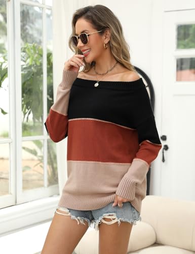 Image of VIMPUNEC Womens Off The Shoulder Sweaters Color Block Oversized Pullover Sweater Cable Knit Chunky Tops Stripe Brown M