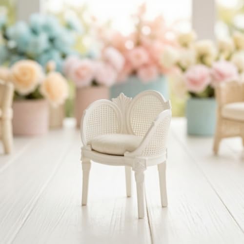 Sofá casa muñecas con cojín y sillón en miniatura de ratán blanco para maquetas vintage 5