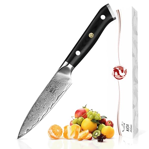 KOI ARTISAN Damascus Paring Knife - 3.5 Inch Razor Sharp Edge – Chef Knife 67 Layers of Japanese Damascus VG10 Super Steel - Military Grade G10 Handle Kitchen Knives