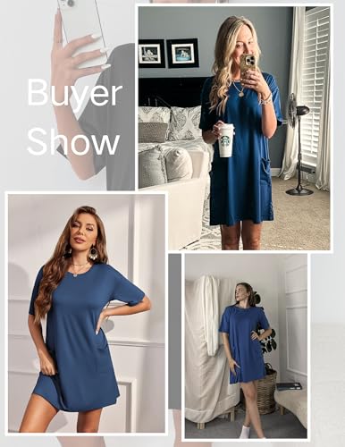 Image of Ekouaer Sleep Shirts for Women Nightgown Short Sleeves T shirt Night Dress Round Neck Womans Nightgown with Pocket S-XXL