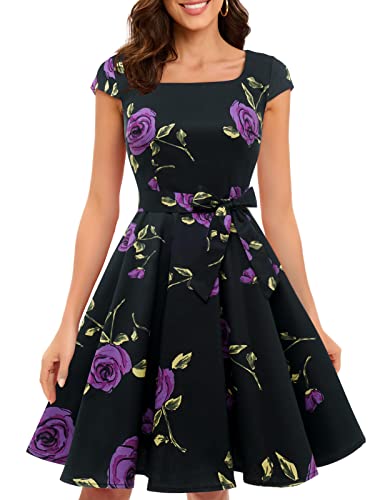 Bbonlinedress Women's Purple Vintage Dress 1950S Retro Square Neck Cocktail Swing Dress Black Purple Brose S #TOP13
