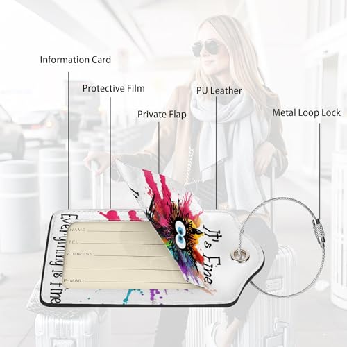 2 Pack Luggage Tags for suitcases Funny Cute I'm Fine It's Fine Luggage Tag, Leather Stainless Steel Loop Label Tag for Men Women Travel Bag Suitcase(White Fine)3