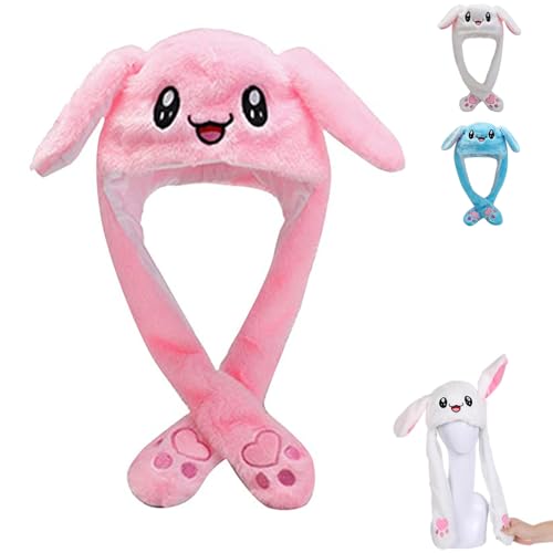PZAHYAW Bunny Hat Ear Moving Jumping Funny Plush Cap for Cosplay Dress Up Party Easter Rabbit Ear Flap Cap for Kids Adults (No light-up pink)