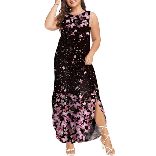 Image of Wolddress Womens 2026 Plus Size Sleeveless Tank Dress Casual Loose Sundress Split Summer Beach Long Maxi Dresses with Pockets