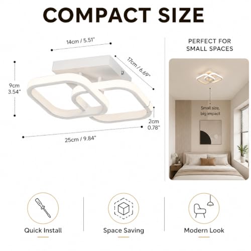 Image of Desidiya 22W Modern LED Ceiling Light, 2 Square Flush Mount,3 Color Dimming | Acrylic Finish • Surface Mount • Eye Comfort • Energy Saving • Bedroom, Hall & Living Room