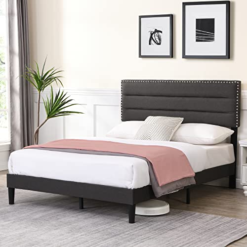 ANITA Queen Size Bed Frame, Upholstered Platform Bed Frame with Adjustable Headboard, Metal Foundation with Wooden Slats, No Box Spring Needed, Easy Assembly Black