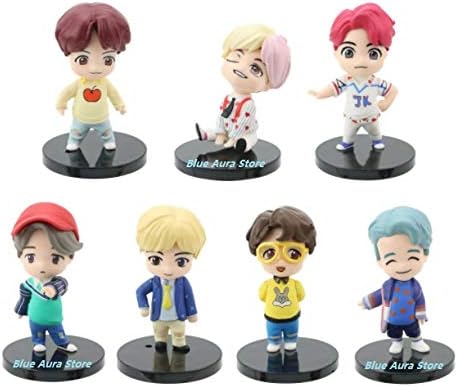 BTS BT21 Set of 7 Action Toy Figure Collectible Height - 6.5-7.8 cm Multi Color (Yellow Specs Standing)