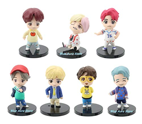 Blue Aura BTS BT21 Set of 7 Action Toy Figure Collectible Height - 6.5-7.8 cm Multi Color (Yellow Specs Standing)