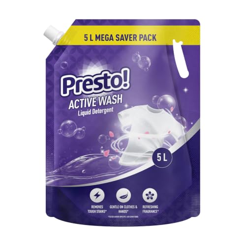 Image of Amazon Brand - Presto! Active Wash Liquid Detergent Refill Pack 5L | Floral Scent | Powerful Stain Removal for Machine Wash