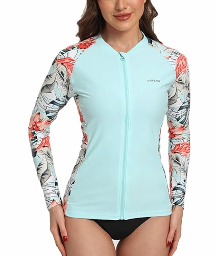 SURFEASY Damen Rash Guard Full Zip Langarm UV Shirt Schnelltrocknend Sonnenschutz UPF50+ Surf Schwimmen Bademode (Hellblau Floral M)