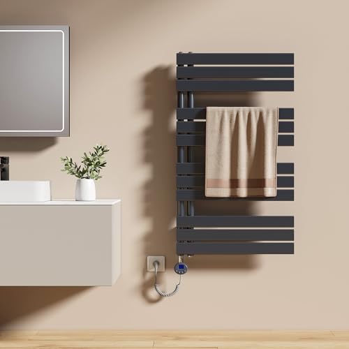EMKE Radiador Toallero Eléctrico con Termostato 1041x600 mm, 600W Antracita, Toallero Eléctrico de Bajo Consumo, Resistencia Calefactora con Temporizador,Calienta Toallas,Secatoallas