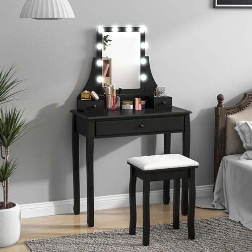 CHARMAID Vanity Set with Lighted Mirror, Makeup Table with 10 LED Dimmable Bulbs, 3 Lighting Sets, 3 Drawers, Bedroom Dressing Table Vanity Desk with Cushioned Stool for Women Girls (Black) - Thumbnail 3
