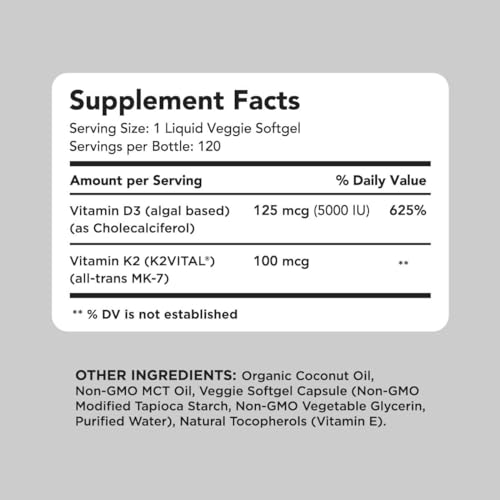 Amandean VKD Vegan Vitamin D3 K2. 5000 Iu From Algae. All-Trans Mk-7. 120 Softgels. Plant-Based & Carrageenan Free. Organic Coconut Oil Blend. thumb #2