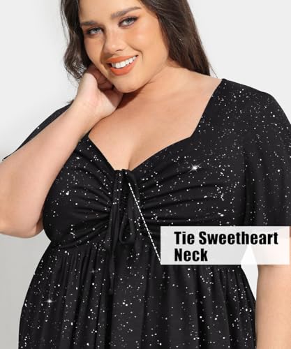 Image of CARCOS Plus Size Dresses for Curvy Women Tie Sweetheart Neck Summer Maxi Dress Short Sleeve Empire Waist Floral Boho Dress