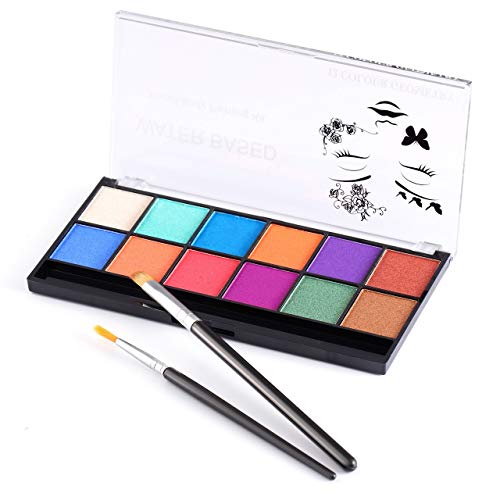 Ccbeauty 12 Colors Water Activated Face Body Paint Sfx Sparkle Glitter Makeup Palette Non Toxic Halloween Special Effect Costume Cosplay Birthday Party Theater & Stage Painting Kit With 2 Art Brushes #TOP2