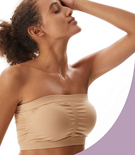 Puremsx Padded Tube Bra For Ladies, Strapless Bra Bandeau Bra, Breathable Spandex Strapless Sleep Bra, Basic Sports Bra Bando Bra For Women,X-Large,3 Pack,Black,Beige,White #TOP3