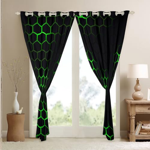 Honeycomb 30%-50% Blackout Curtains W66*L90 Modern Hexagon Theme Curtains for Bedroom Boys Girls Children Geometrical Darkening Drapes Beehive Green Window Treatments - Image 4