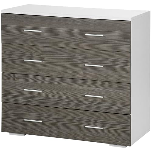 HOMCOM Commode 4 tiroirs, Meuble de Rangement, Style Contemporain, Dispositif Anti-basculement, 76 x 35 x 72 cm, Blanc et Gris