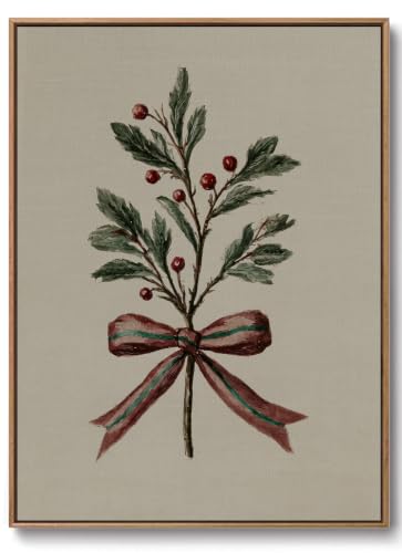 Image of Framed Christmas Wall Art, Vintage Winter Holiday Canvas Art Prints, 8x10in | Holly Branch with Bow Wall Decor Pictures, Farmhouse Botanical Paintings, Living Room Bedroom Christmas Decorations Artwork
