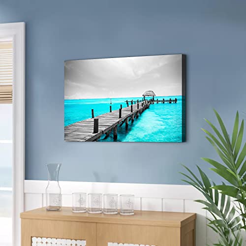 Image of Teal Blue Coastal Canvas Wall Art for Bathroom, Black and White Beach Bridge Seascape Prints Picture Decor 16x24 inch, Grey Nature Ocean Landscape Painting Artwork for Bedroom Living Room Home Decoration