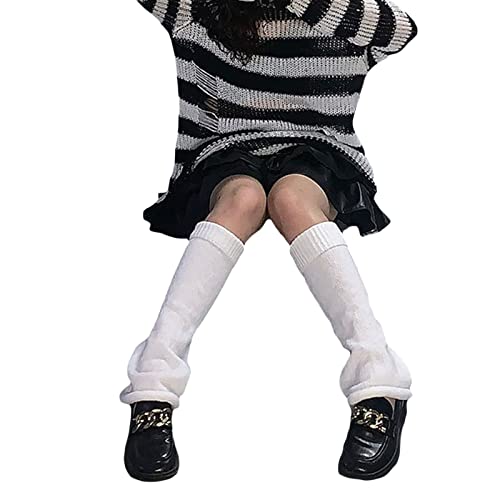 Women Girls Japanese Style Leg Warmer Kawaii Knit Boot Socks 90S Solid Striped Gothic Crochet Leg Warmers (White, One Size) #TOP1