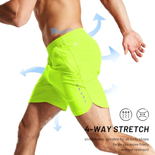 MIER Men's 7 inch Running Shorts Lightweight Workout Gym Sports Shorts with Pockets Dry Fit Athletic Bodybuilding, Neon Green M