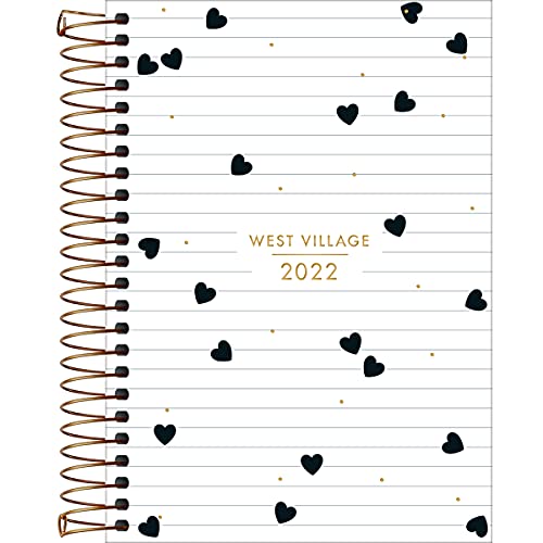 Agenda Espiral Diária 14 x 20 cm West Village 2022 - Estampa Fundo branco com listras e corações - T