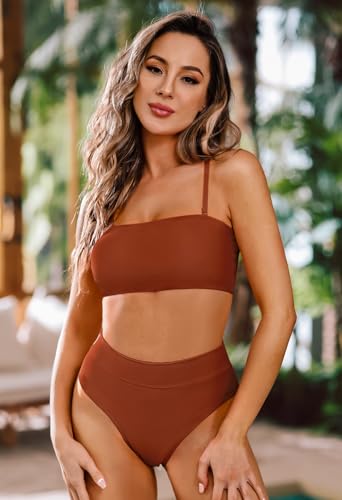 Pink Queen Women's 2 Piece Bandeau Swimsuit Bathing Suit Cheeky High Leg Push Up Bikini Bottom Coffee M - Thumbnail 6