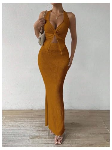 Image of SOLY HUX Women's Two Piece Outfits Twist Front Halter Cami Tops and Skirt Summer Set