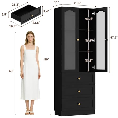 Image of Cyclysio 80 inch Tall Pantry Cabinet for Kitchen Storage, Black Pantry Cabinet with Glass Doors & 3 Drawers - Freestanding Storage Bookcase with Built-in Baseboard Notch for Dining, Living Room