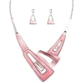 SFE Irregular Enamel Triangle Shape shell Collar Bib Bohemian Boho Statement Necklace Earrings Fashion Costume Jewelry Set for Women (Light Pink-Platinum Plated)