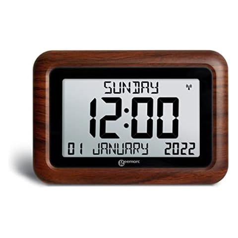 Day Clock - The Easy-to-read & Self-setting Geemarc Viso10 - Ideal for People Living with Dementia or Alzheimer's - Battery Operated - UK Version - Wood Brown Cover