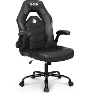 N-GEN Video Gaming Chair Ergonomic Computer Desk Office Chair with Lumbar Support Adjustable Height Swivel Wheels Flip-Up Arms PU Leather Home and Office (Black)
