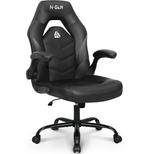 N-GEN Video Gaming Chair Ergonomic Computer Desk Office Chair with Lumbar Support Adjustable Height Swivel Wheels Flip-Up Arms PU Leather Home and Office (Black)