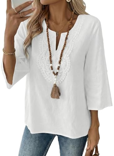 EVALESS Boho Tops for Women Blouses Dressy Casual Embroidered Lace V Neck 3/4 Sleeve Shirts Spring Outfits Trendy Vacation Clothes White M