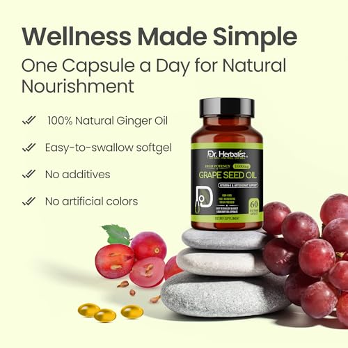Image of Dr. HERBALIST Grape Seed Oil Capsules 1600mg - Cold Pressed Vitis Vinifera with OPC Proanthocyanidins | Supports Antioxidant Wellness & Cardiovascular Health* | Halal | 60ct