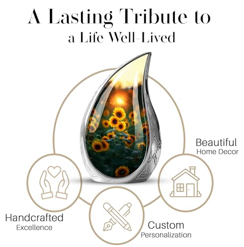 Image of Sunset Sunflower Urns for Human Ashes - Teardrop Urn for Human Ashes Adult - Yellow Sunflower Urn for Adult Male and Female - Cremation Urns for Men and Women 10inch