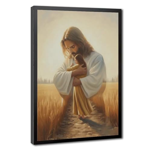 Jesus Christ Embracing Girl Canvas Wall Art, Black Framed Religious