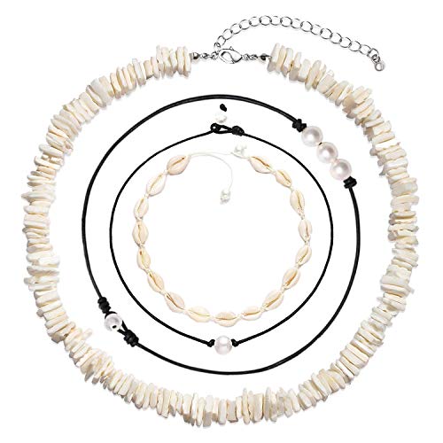 snawowo Muschel-Choker Halskette Natürliche Cowrie-Perlen Muschel Halskette verstellbar handgefertigt Cored Armband Hawaiian Strand Schmuck Set für Frauen Mädchen