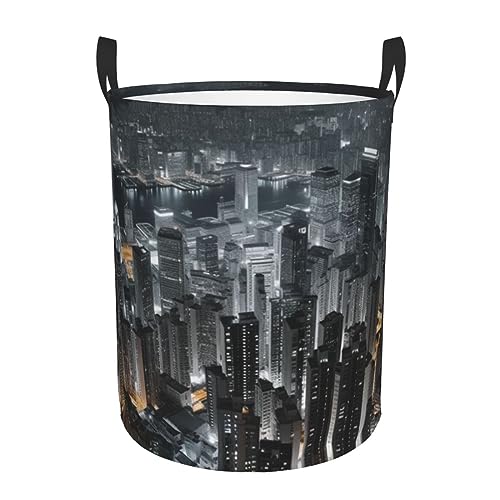 Aerial Night of View Hong Kong print Circular Hamper Waterproof Storage Bin Organizer Basket Laundry Hamper With Handles For Clothes Toys Medium
