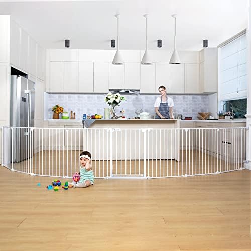 84 - 503 cm Baby Gate Extra Wide Tall Stair Safety Gates for Pets & Kids, 8 Panels Foldable Baby Fence Metal Dog Barrier, Hardware Mount, 76cm Height - White